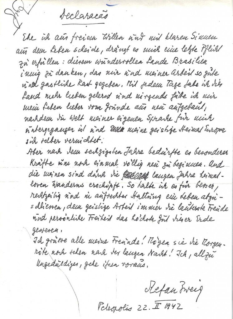 Nota de suicidio de Stefan Zweig